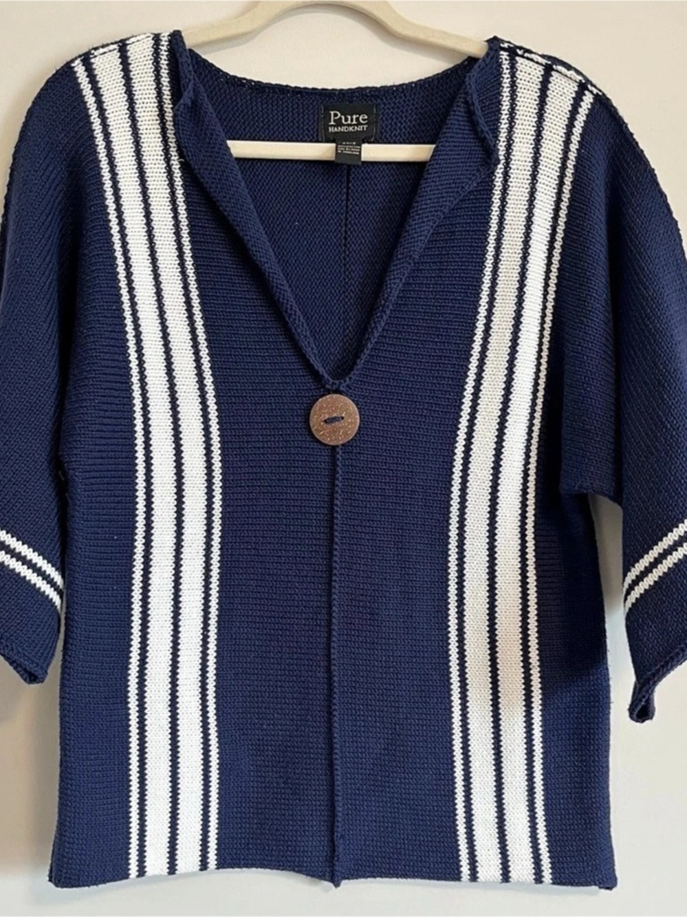 Pure Handknit 100% Cotton Striped V-Neck in Blue & White  Size XS/S